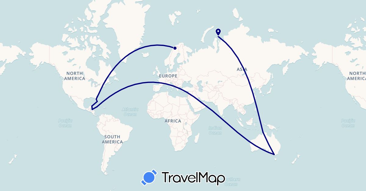 TravelMap itinerary: driving in Australia, Honduras, Cayman Islands, Mexico, Qatar, Russia, Sweden, United States (Asia, Europe, North America, Oceania)